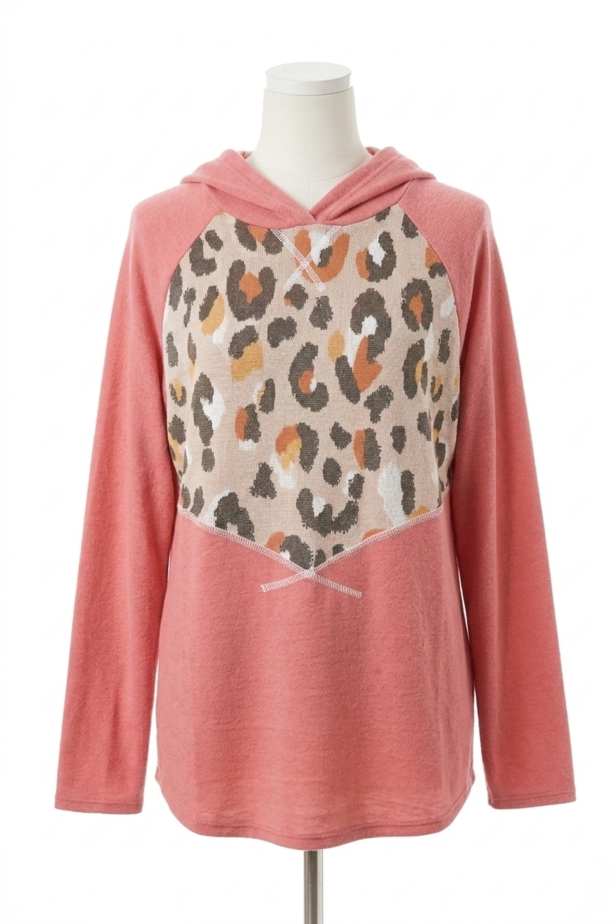 NEW HAPTICS leopard thermal yoke brushed hacci cross stitch hoodie in pink